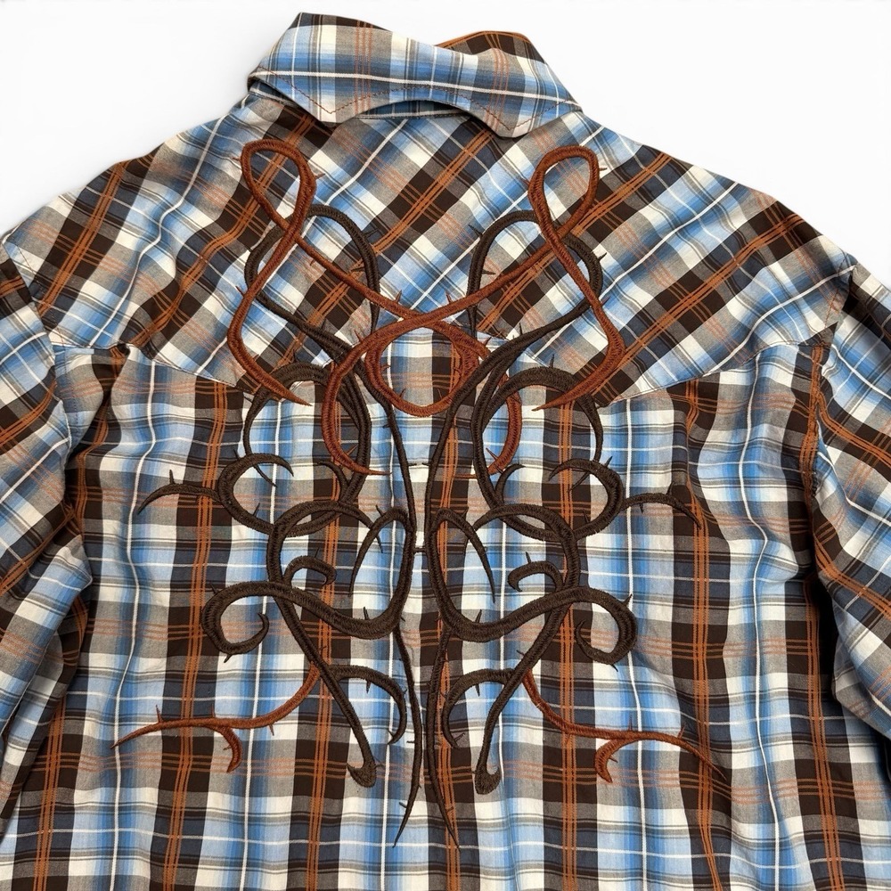 Panhandle Slim Large Shirt Western Texas Plaid Blue Brown Pearl Snaps 90 Proof - Picture 12 of 13